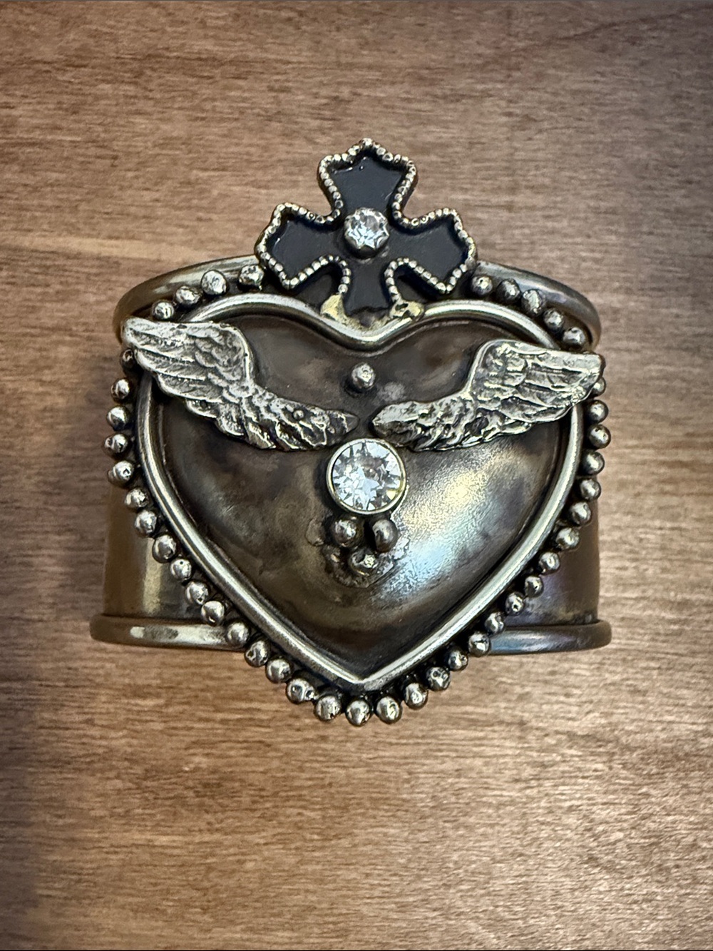 Handmade Winged Heart Cuff Bracelet | Antique Silver | Gothic Statement Jewelry